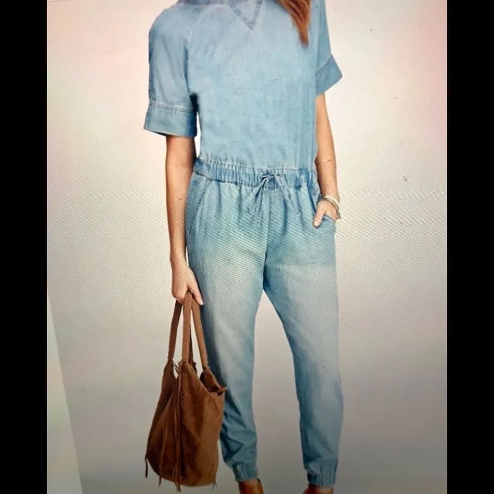 Life In Progress light blue denim short sleeves tie waist jumpsuit Size XS